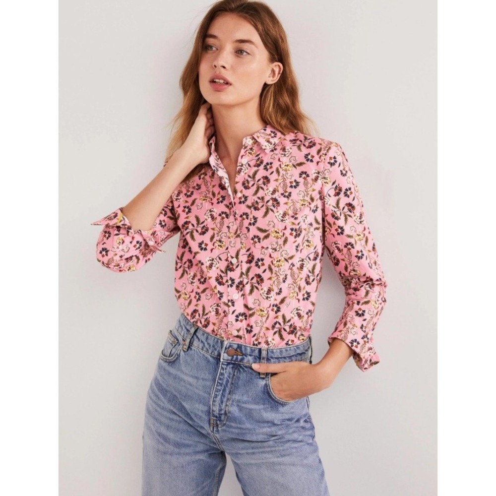 Boden Floral Button Down Shirt Blouse Pink Womens Long Sleeve Preppy Size US 2